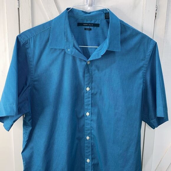 Perry Ellis Men's Slim Fit Short Sleeve Button Down Collared Shirt In Blue Large - Picture 2 of 11